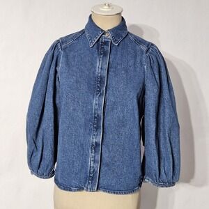 Scoop Women's Blue Denim Collared Button-Up Puff 3/4 Sleeve Blouse Sz XS (0-2)